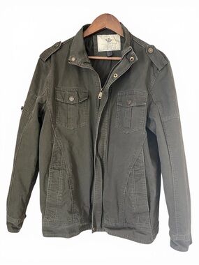 Wenven Men’s L Olive Military Jacket Utility Field Coat Zip Snap Casual